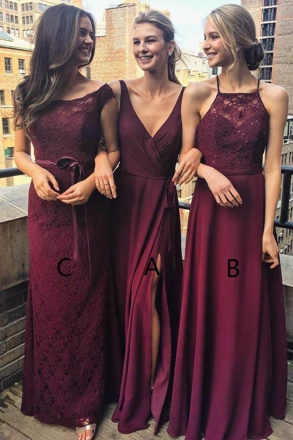 V-Neck Floor-Length Grape Chiffon Bridesmaid Dress wtih Split