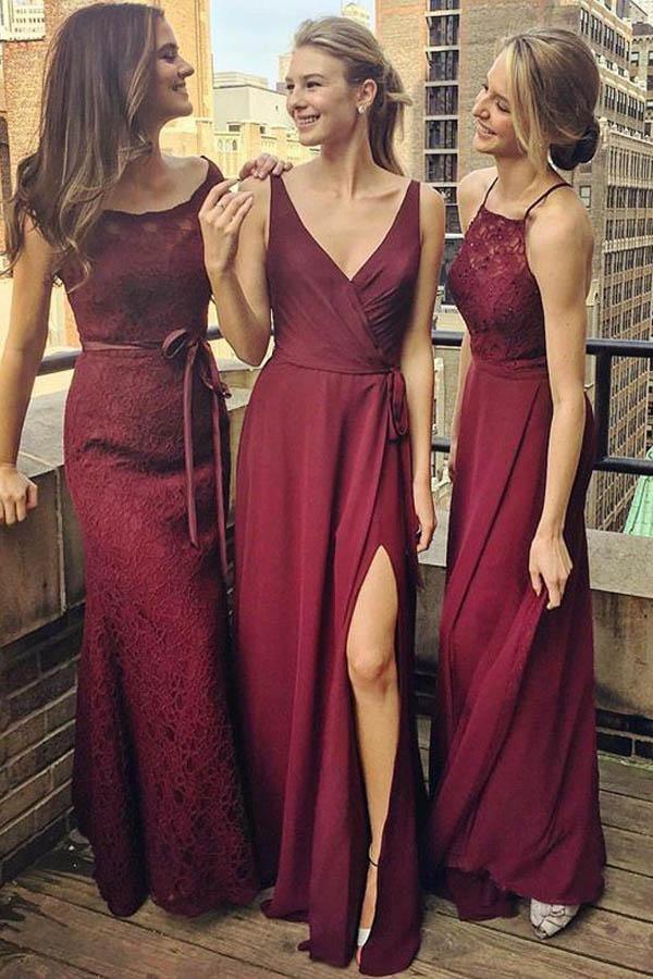 V-Neck Floor-Length Grape Chiffon Bridesmaid Dress wtih Split