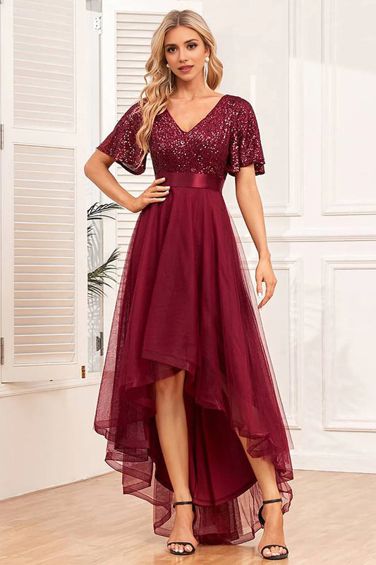 V-neck A-line high-low formal dress with sequins