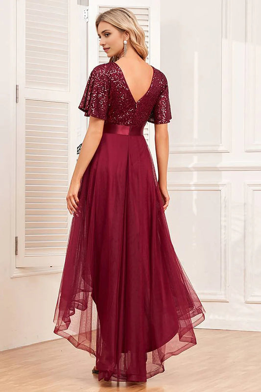 V-neck A-line high-low formal dress with sequins