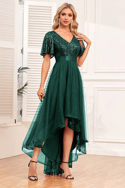 V-neck A-line high-low formal dress with sequins