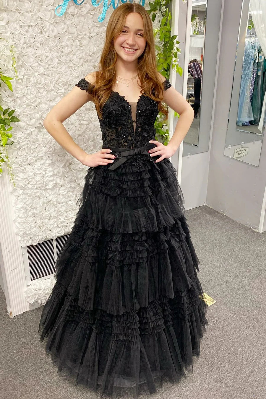 V-neck A-line off shoulder layered ball gown