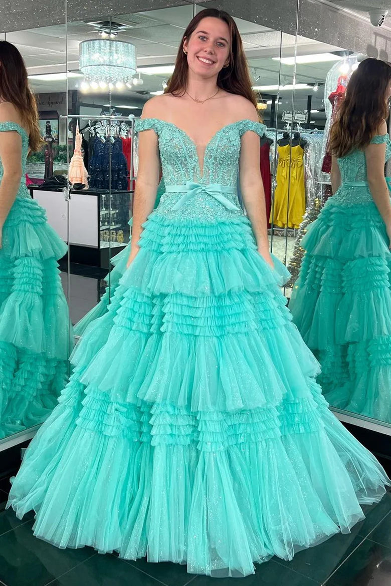 V-neck A-line off shoulder layered ball gown