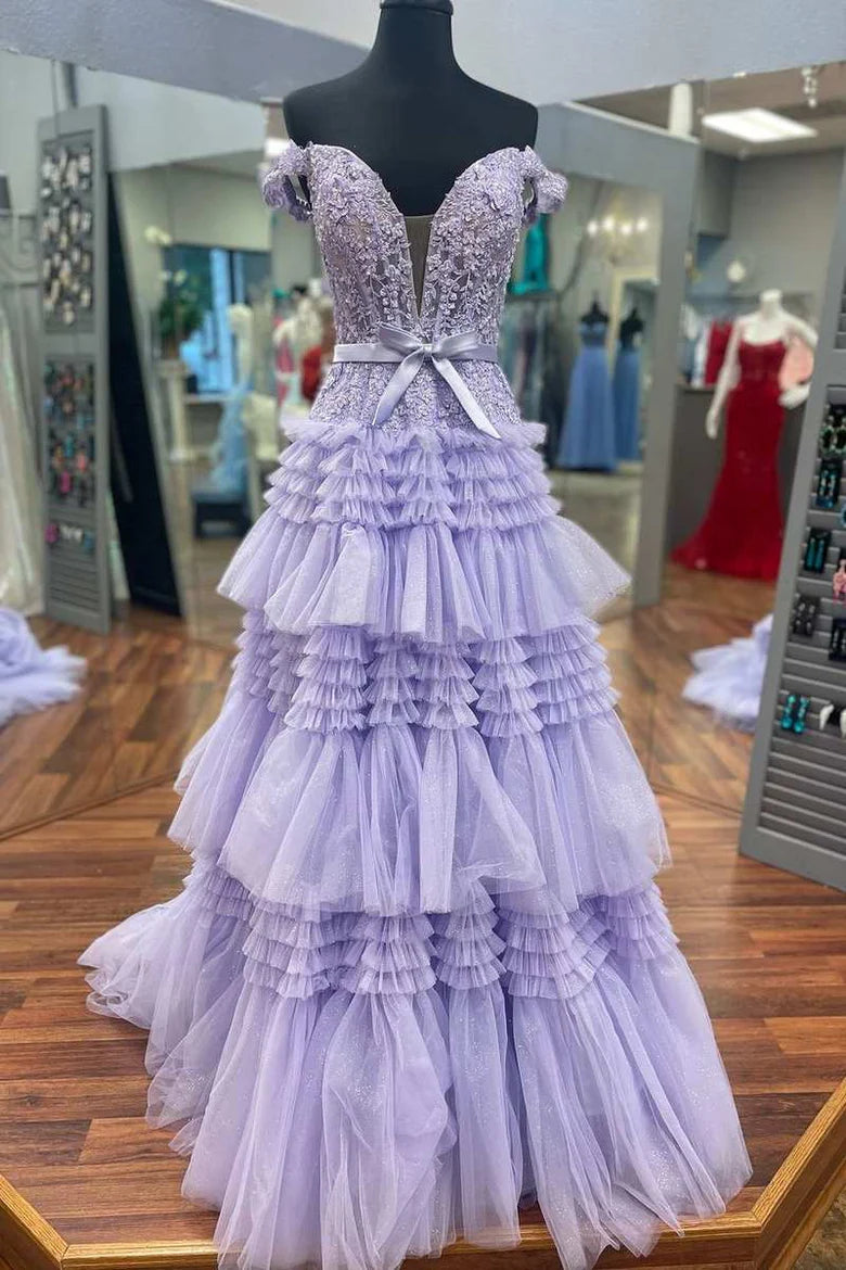 V-neck A-line off shoulder layered ball gown