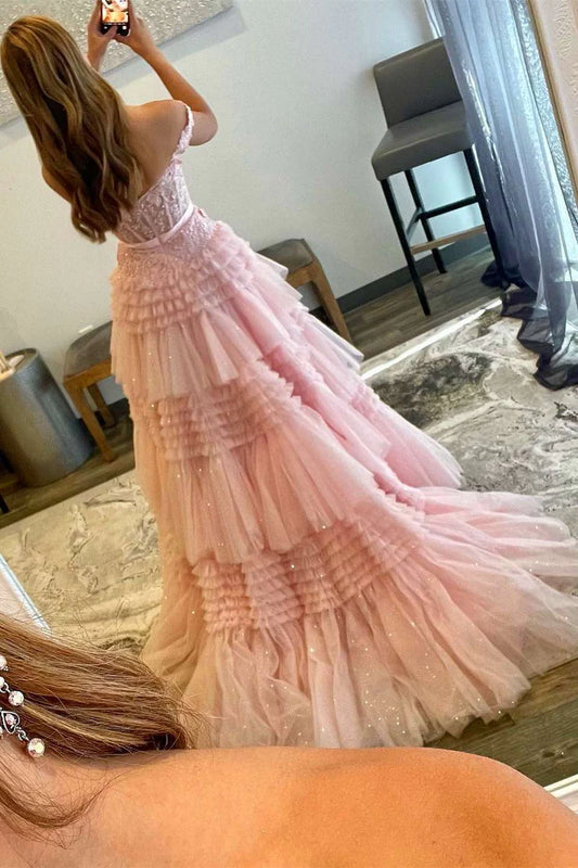 V-neck A-line off shoulder layered ball gown