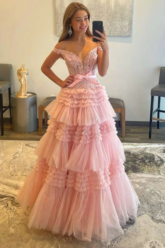 V-neck A-line off shoulder layered ball gown