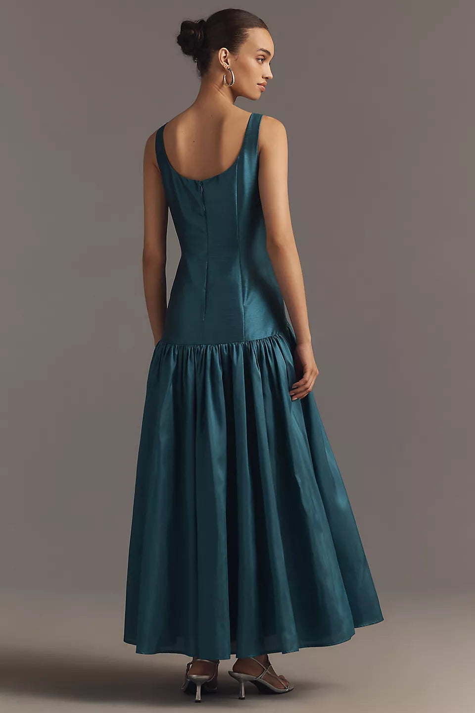 V-neck Satin Drop Waist Midi Evening Dress