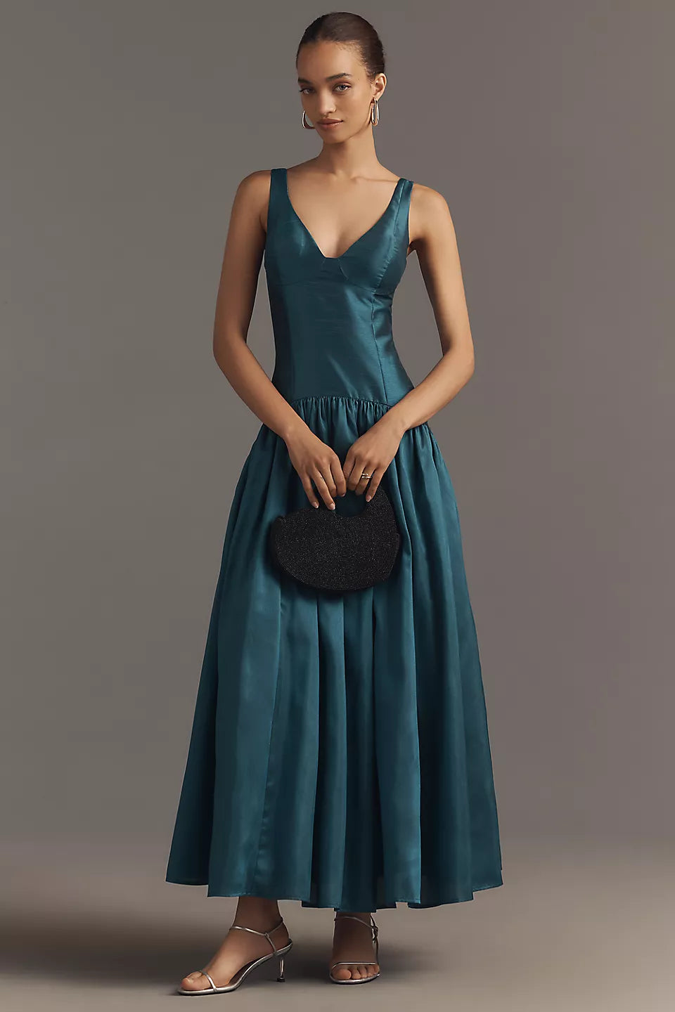 V-neck Satin Drop Waist Midi Evening Dress