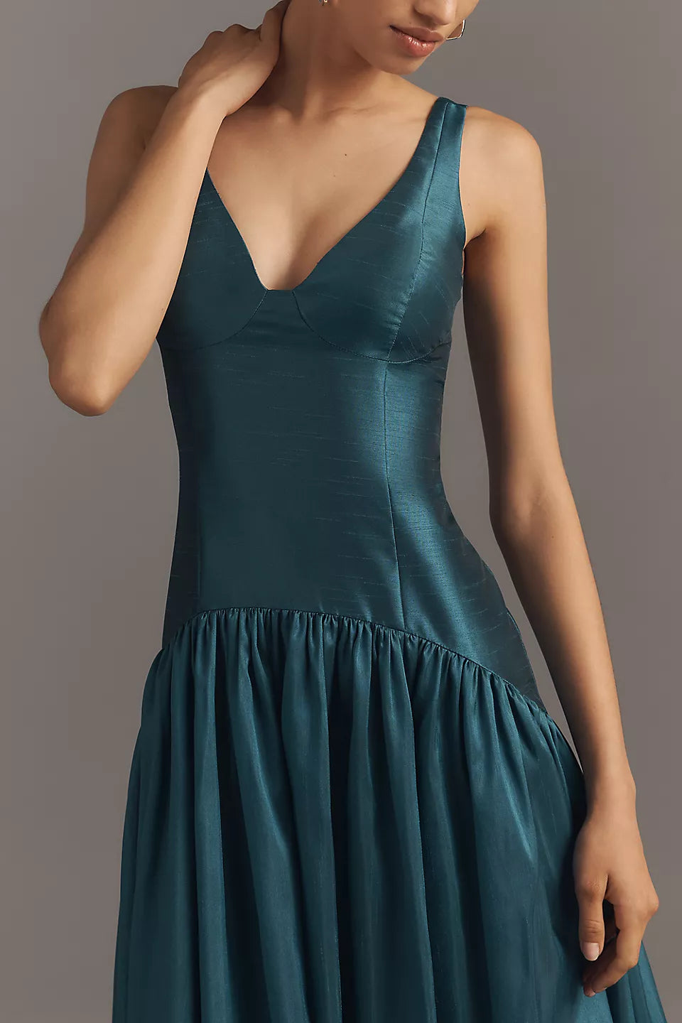V-neck Satin Drop Waist Midi Evening Dress