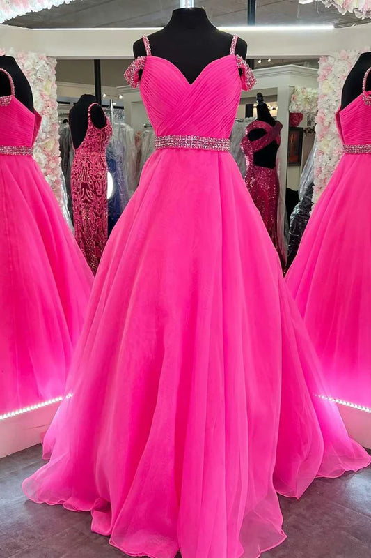V-neck beaded cold shoulder A-line ball gown