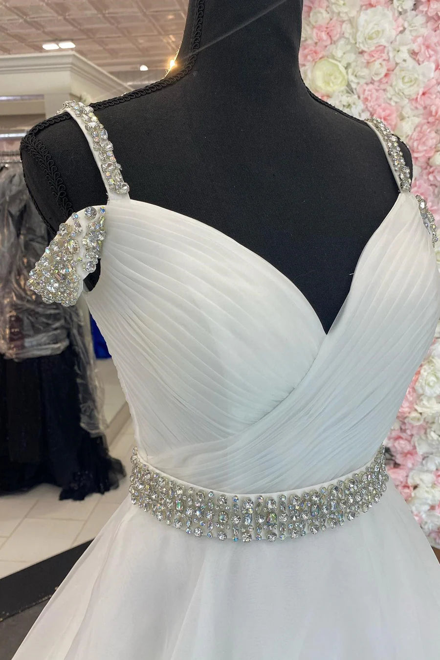 V-neck beaded cold shoulder A-line ball gown