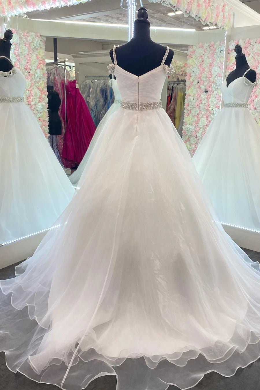V-neck beaded cold shoulder A-line ball gown