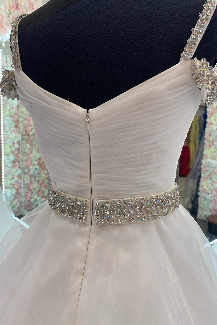 V-neck beaded cold shoulder A-line ball gown