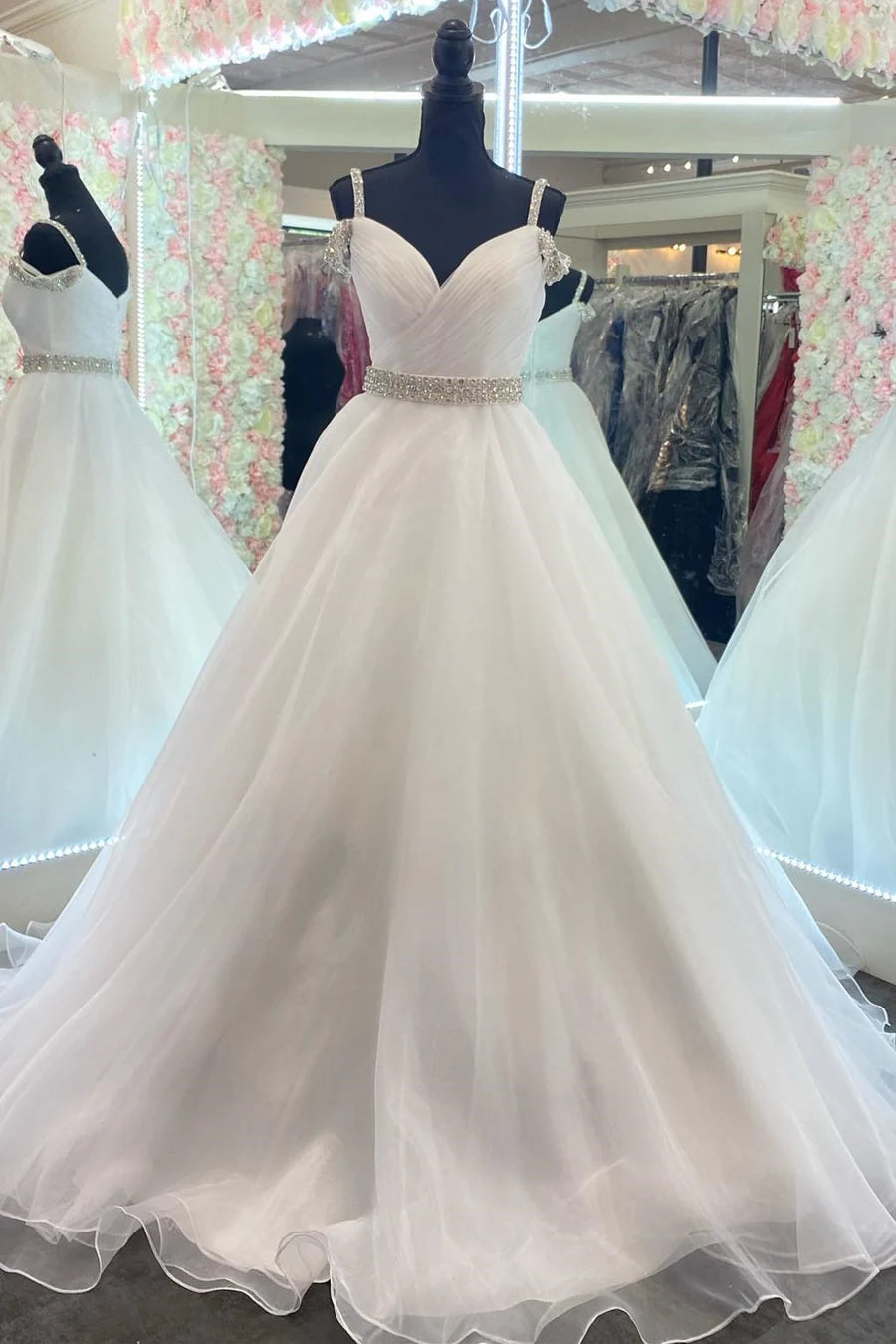 V-neck beaded cold shoulder A-line ball gown