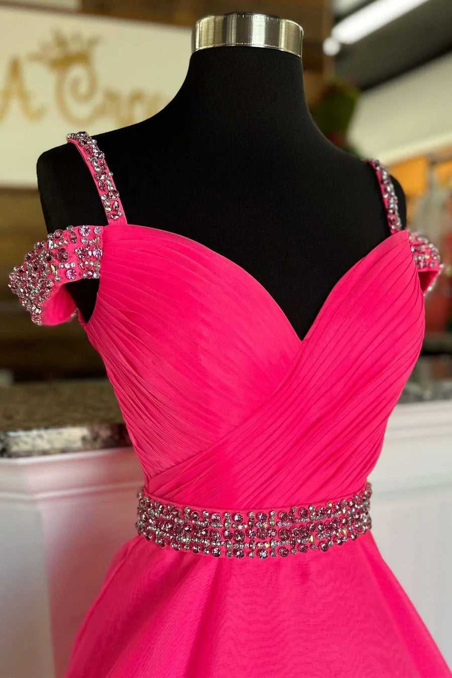 V-neck beaded cold shoulder A-line ball gown