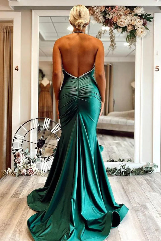 V-neck hanging mermaid backless dress with rhinestones