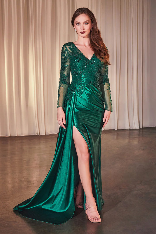 V-neck lace long sleeved mermaid dress with tail