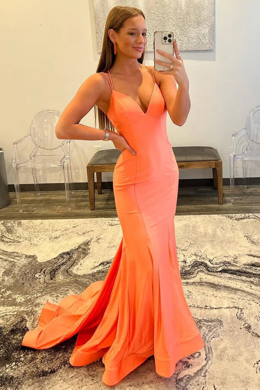 V-neck lace up backless long formal dress