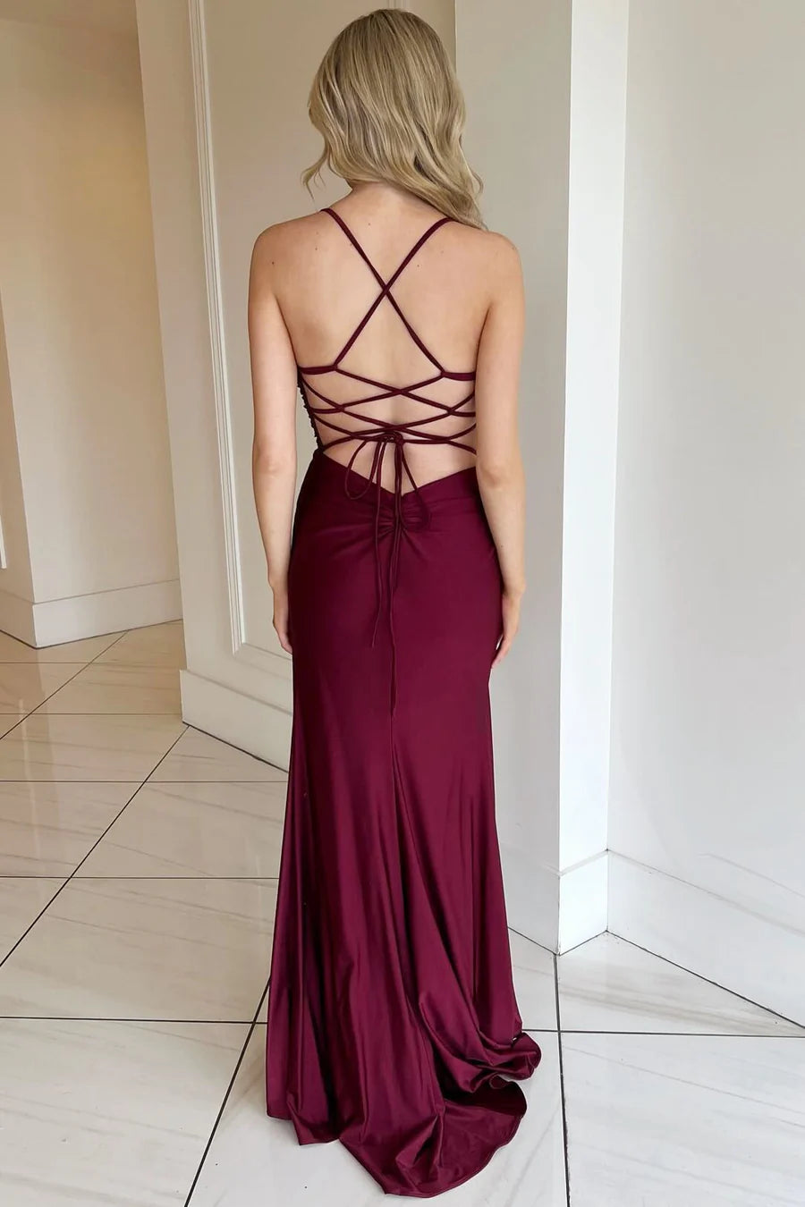 V-neck lace up backless long formal slit dress