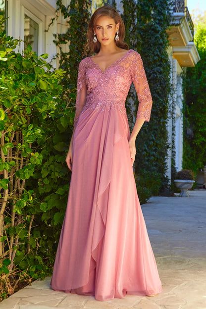 V-neckline A-line mid sleeved dress for brides and mothers with embroidery
