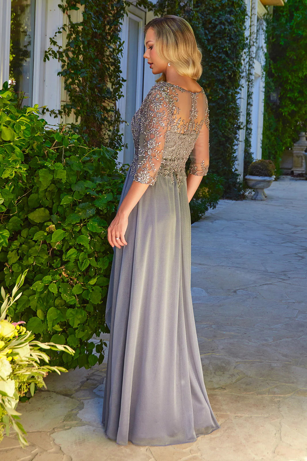 V-neckline A-line mid sleeved dress for brides and mothers with embroidery