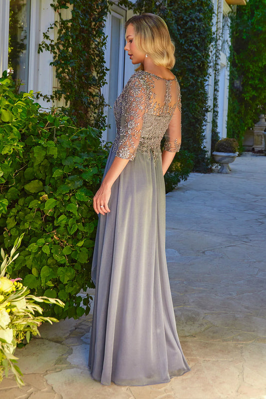 V-neckline A-line mid sleeved dress for brides and mothers with embroidery