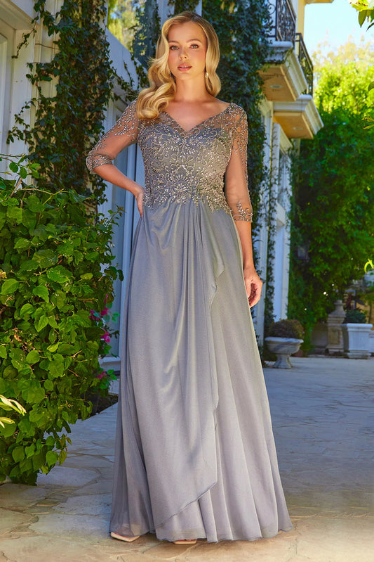 V-neckline A-line mid sleeved dress for brides and mothers with embroidery