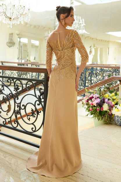 V-neckline mermaid mid sleeve dress with side slit and mid cuff sequins