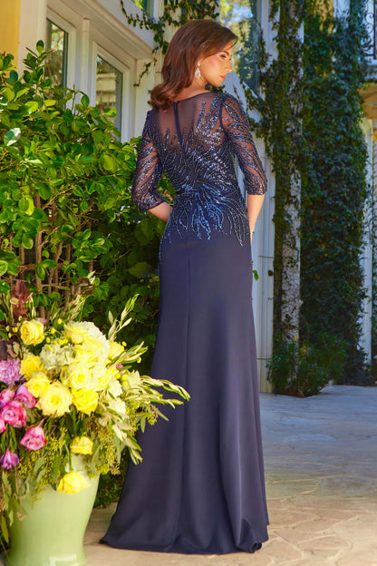 V-neckline mermaid mid sleeve dress with side slit and mid cuff sequins