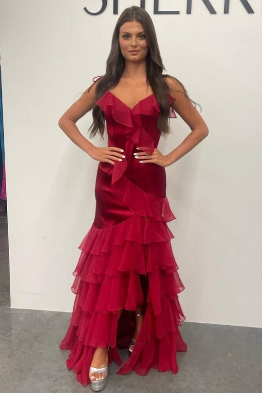 V-neck lotus leaf side length ball skirt with slit