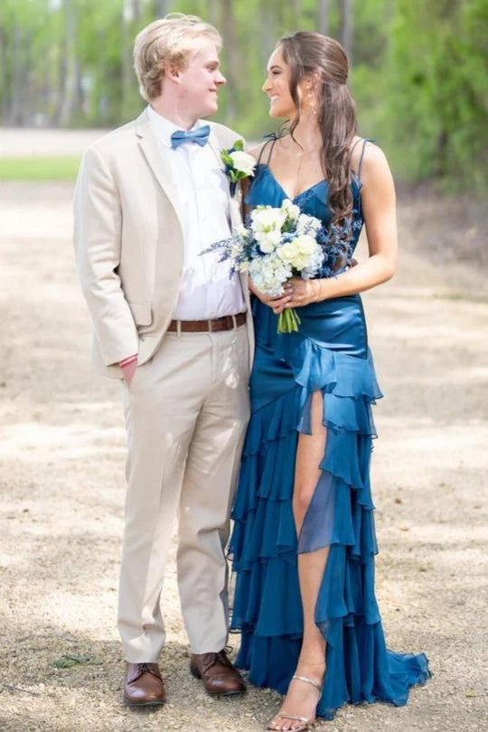 V-neck lotus leaf side length ball skirt with slit