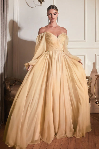 V-neck off shoulder long sleeved A-line dress