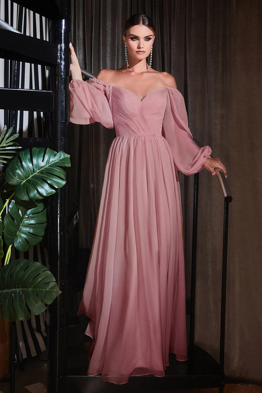 V-neck off shoulder long sleeved A-line dress
