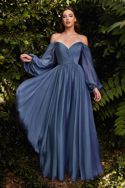 V-neck off shoulder long sleeved A-line dress