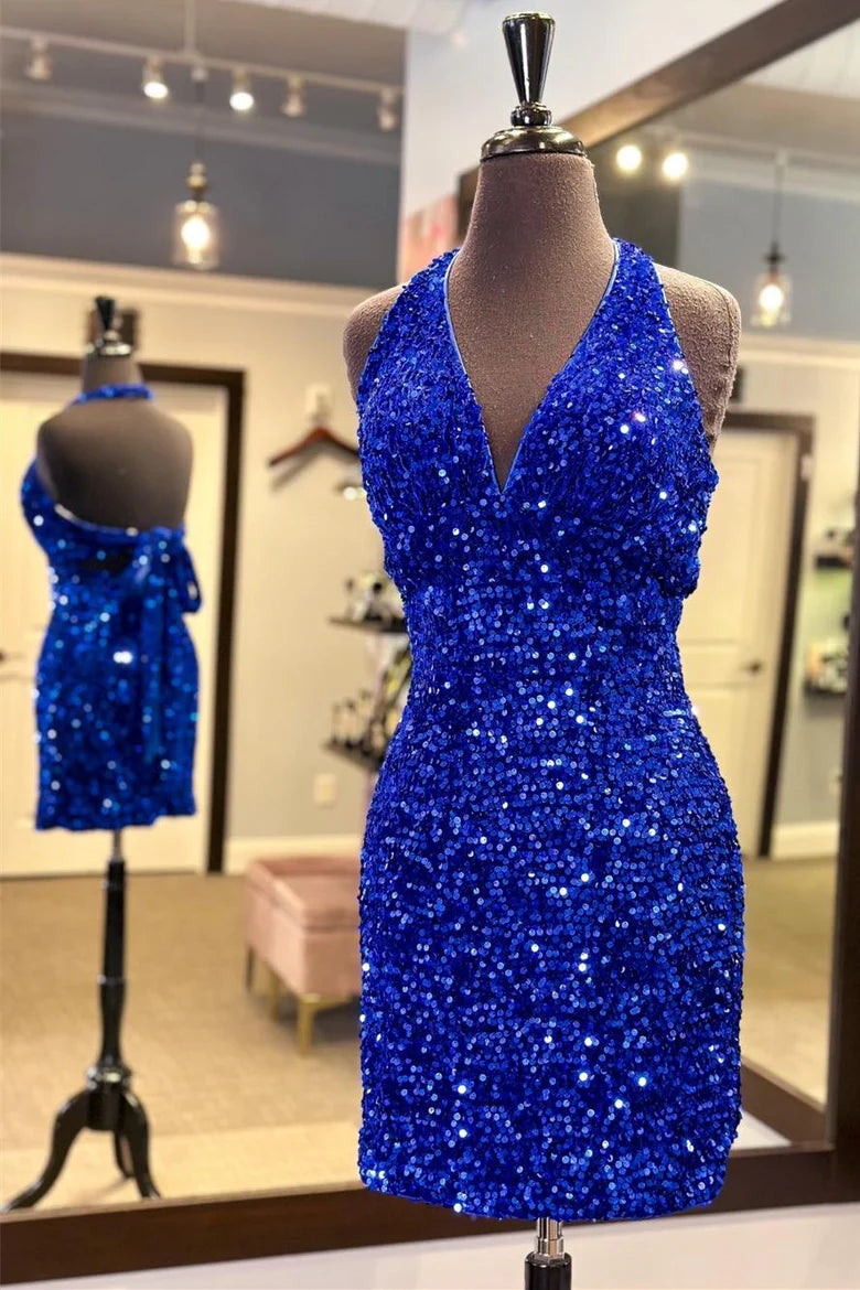 V-neck sequined backless lace up short back to school dress
