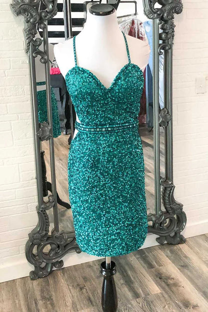 V-neck sequined sweetheart backless mini party dress