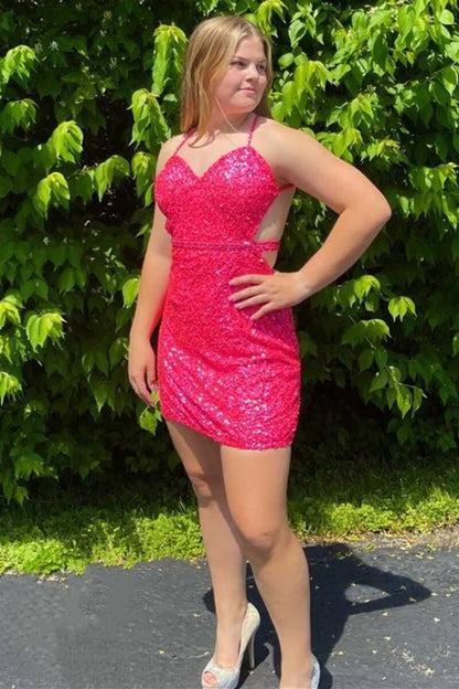 V-neck sequined sweetheart backless mini party dress
