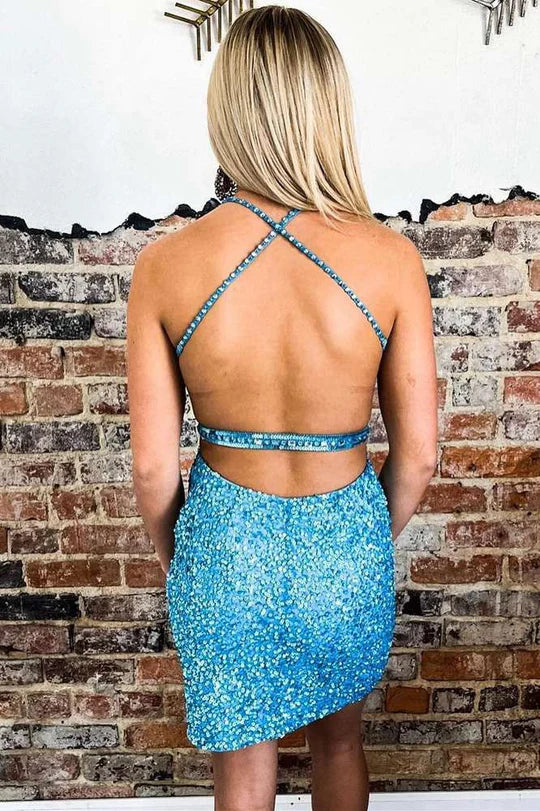V-neck sequined sweetheart backless mini party dress