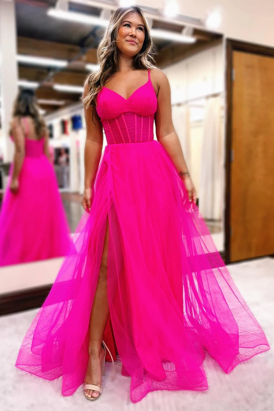V-neck transparent tight A-line long slit ball dress