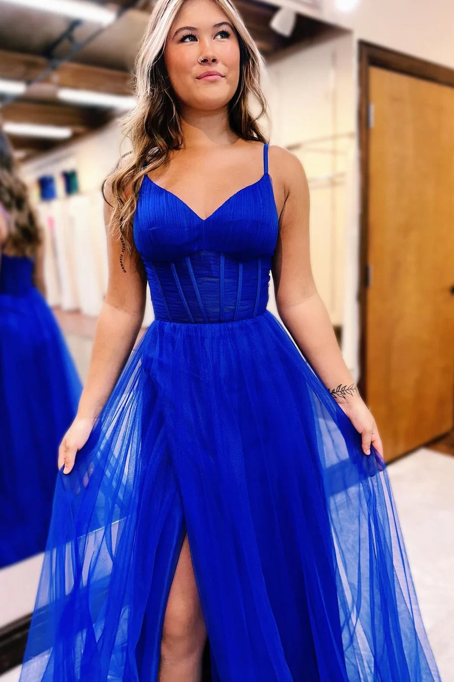 V-neck transparent tight A-line long slit ball dress