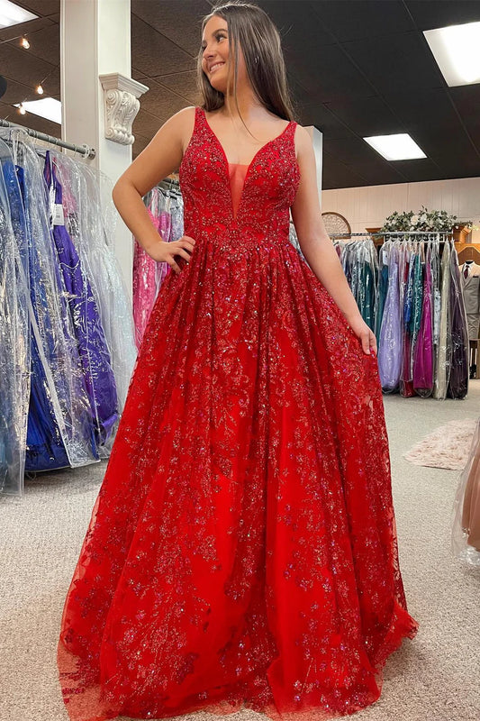 V-shaped backless A-line ball gown lace