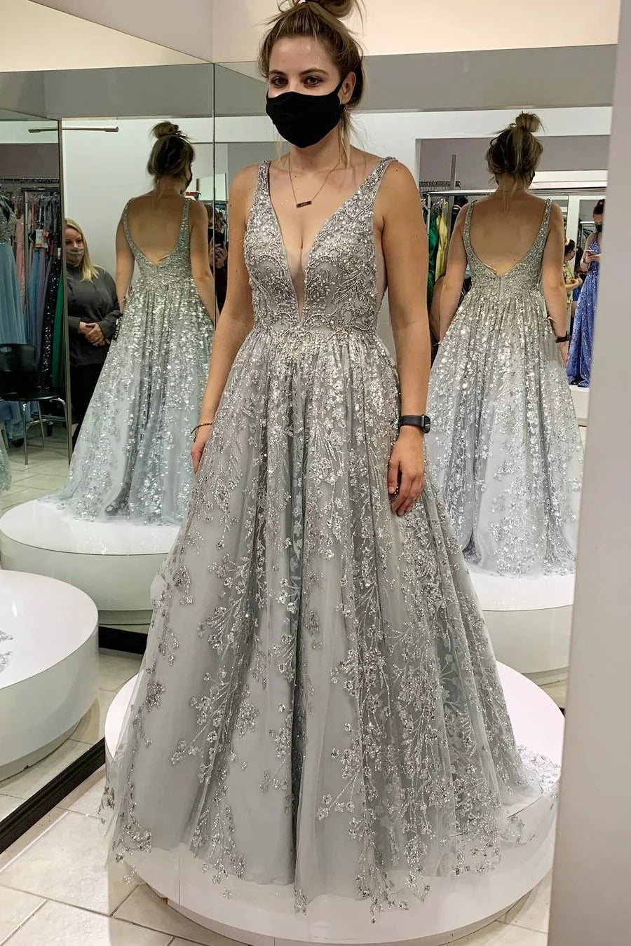 V-shaped backless A-line ball gown lace