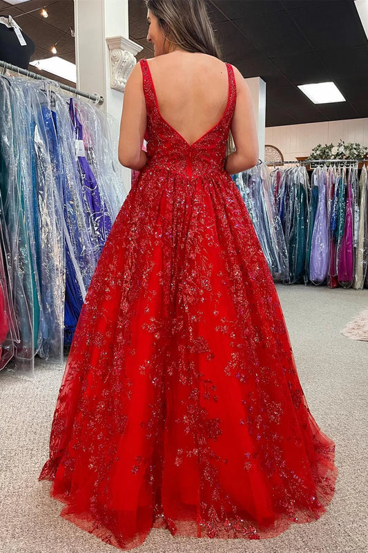 V-shaped backless A-line ball gown lace