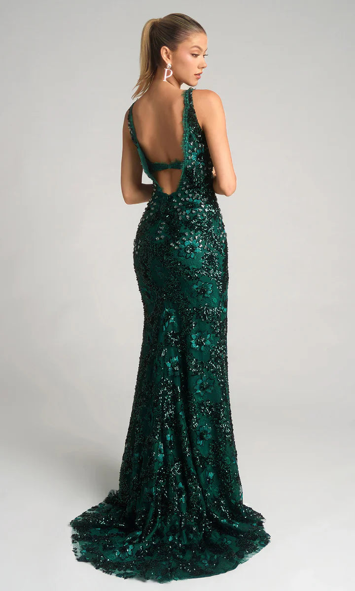 V Neck Cutout Back High Slit Full Sequin Emerald Green Mermaid Sweep Train Prom Dresses