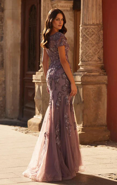 V Neck Lace Appliqu¨¦ Short Sleeve Dusty Lilac Tulle Mermaid Chapel Train Prom Dresses