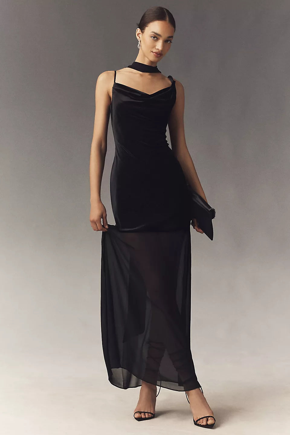 Velvet Choker Neck Mesh Maxi Evening Dress with Sash Ties