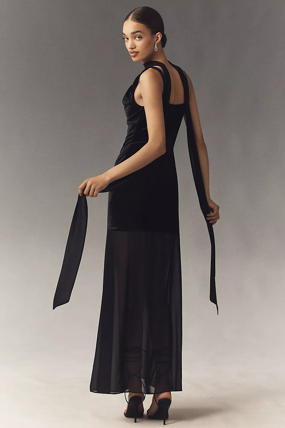 Velvet Choker Neck Mesh Maxi Evening Dress with Sash Ties