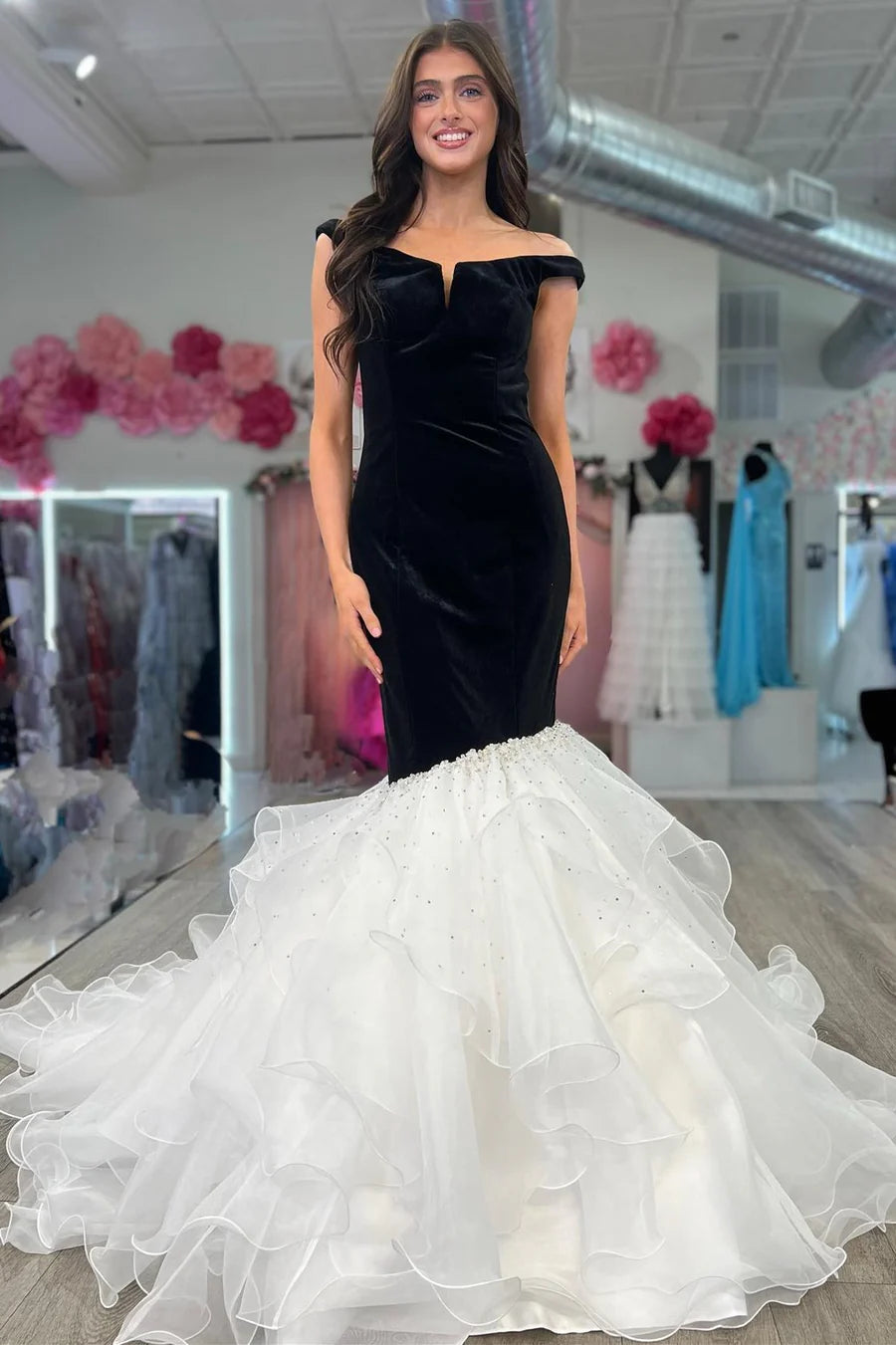 Velvet Off-the-Shoulder Multi-Layer Trumpet Formal Gown