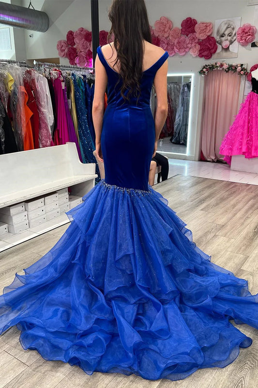 Velvet Off-the-Shoulder Multi-Layer Trumpet Formal Gown