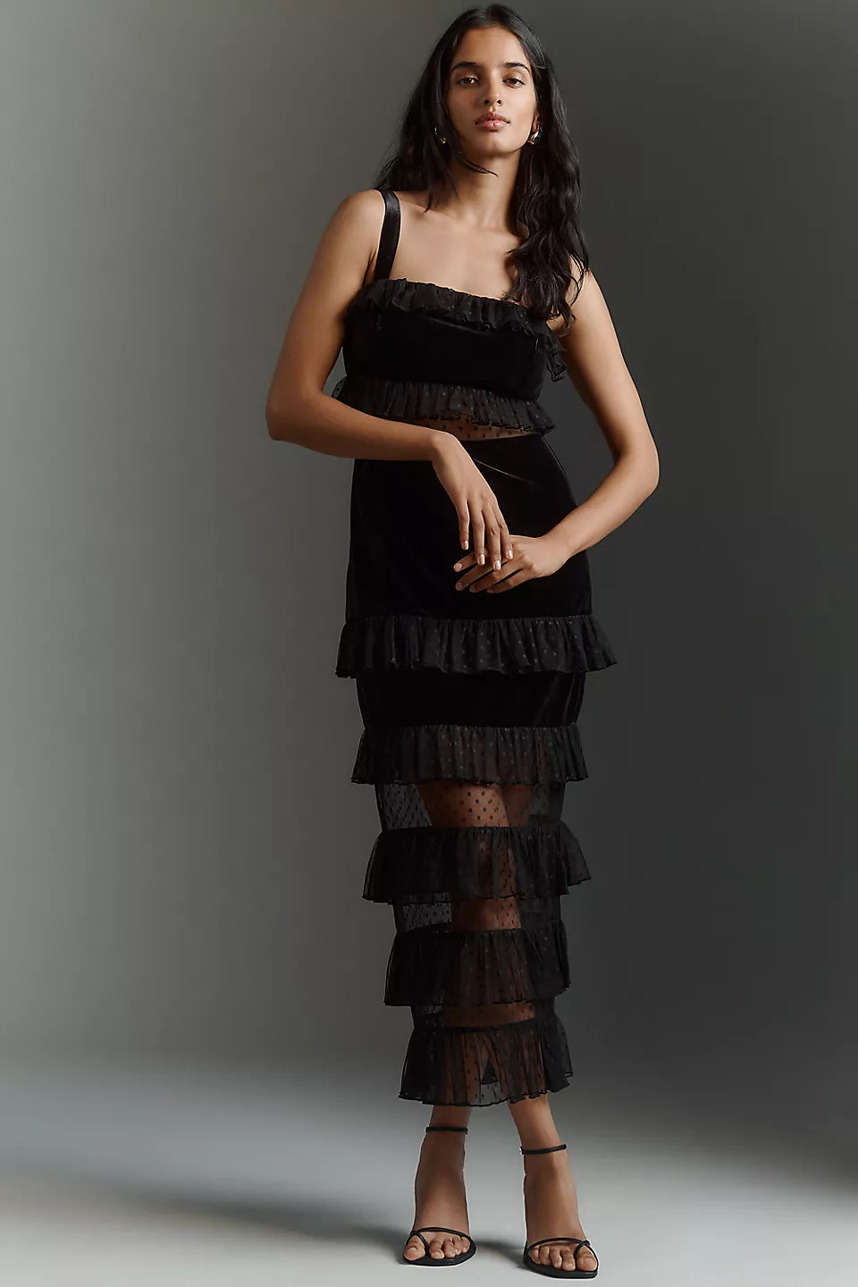 Velvet Polka Dot Mesh Tiered Ruffle Midi Evening Dress